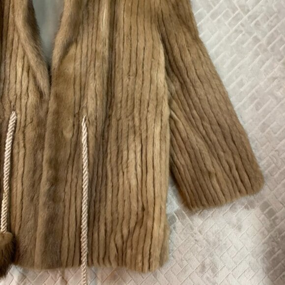 Womens L Mink Fur Coat Brown With Tassel Belt Ribbed Corded Short Length - Picture 4 of 16